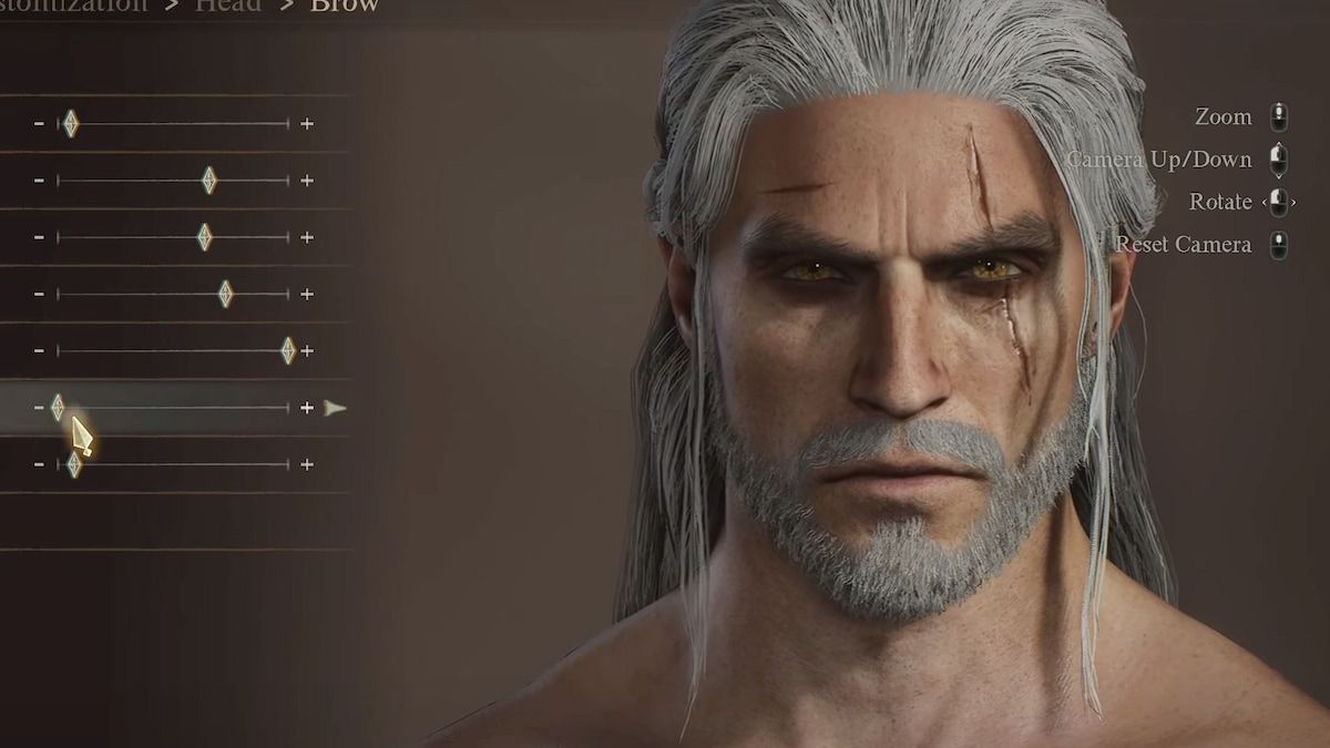 Geralt from Witcher. White hair and beard, hair pulled back, yellow intense eyes, and a scar that cover his left eye