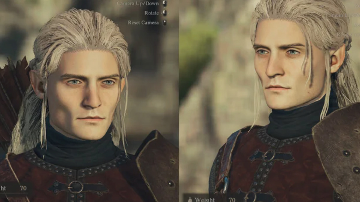Two images of Legolas creation side by side. Long blonde hair pulled back, pointed ears, bright blue eyes, and prominent cheekbones