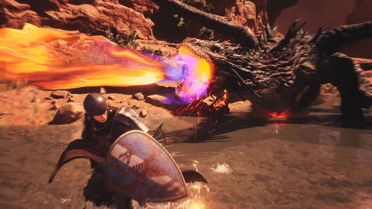 Dragon spews fire breath at the player in armor in Dragon's Dogma 2