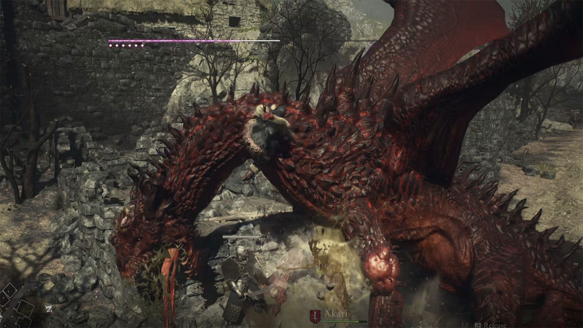dragons dogma 2 player clinging onto a red dragon's neck and stabbing it