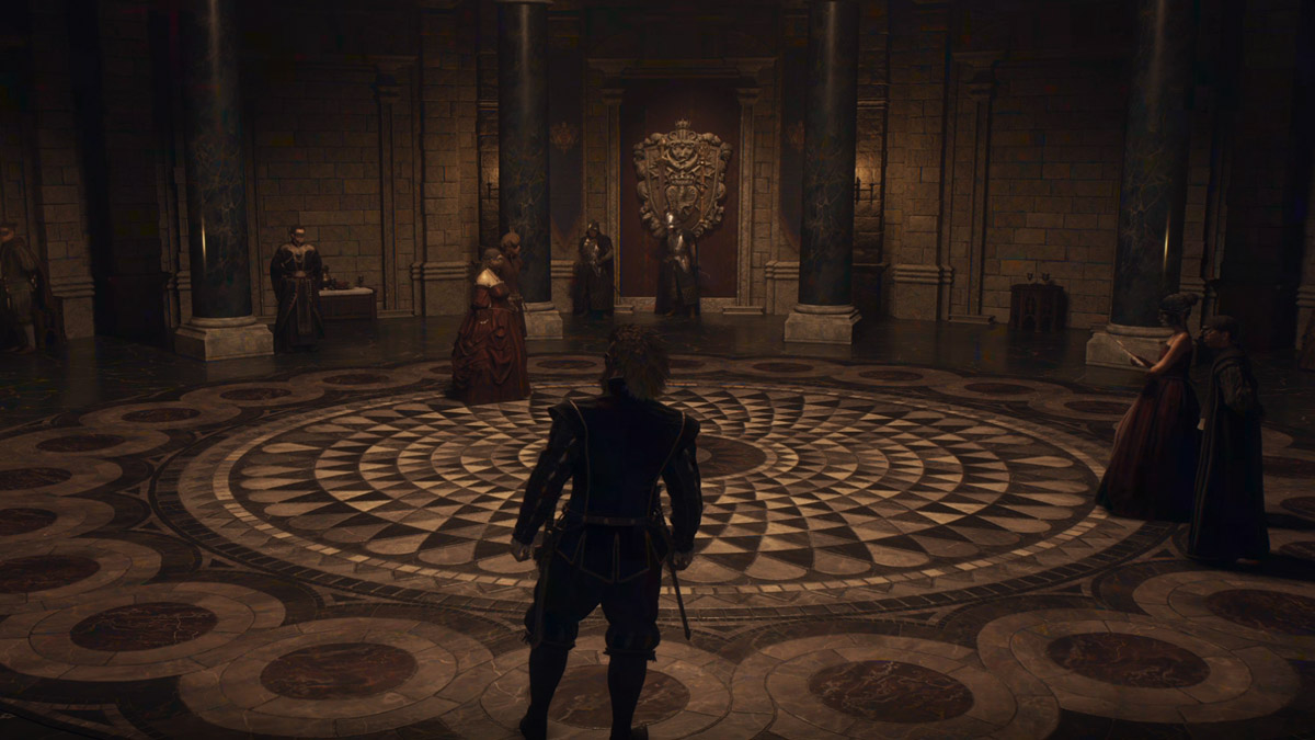 dragons dogma 2 player in a ballroom surrounded by masquerading royals