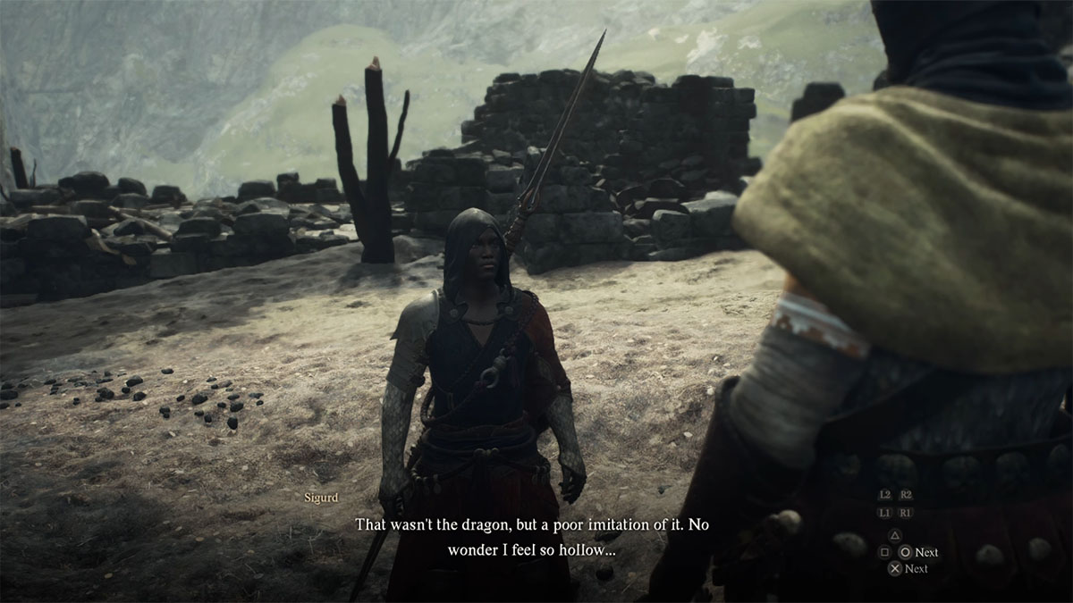 dark skinned warrior with a spear and hood talking to the player