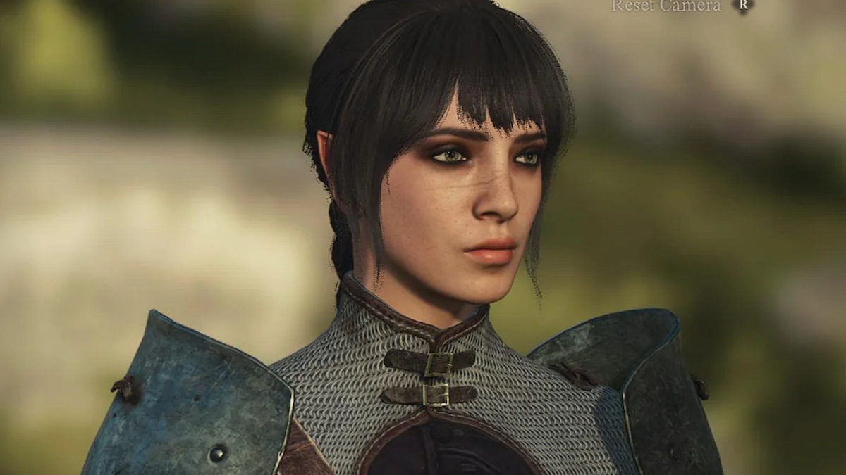 Shadowheart from Baldur's Gate 3, black hair with bangs braided behind her, dark eyes with heavy black eye makeup