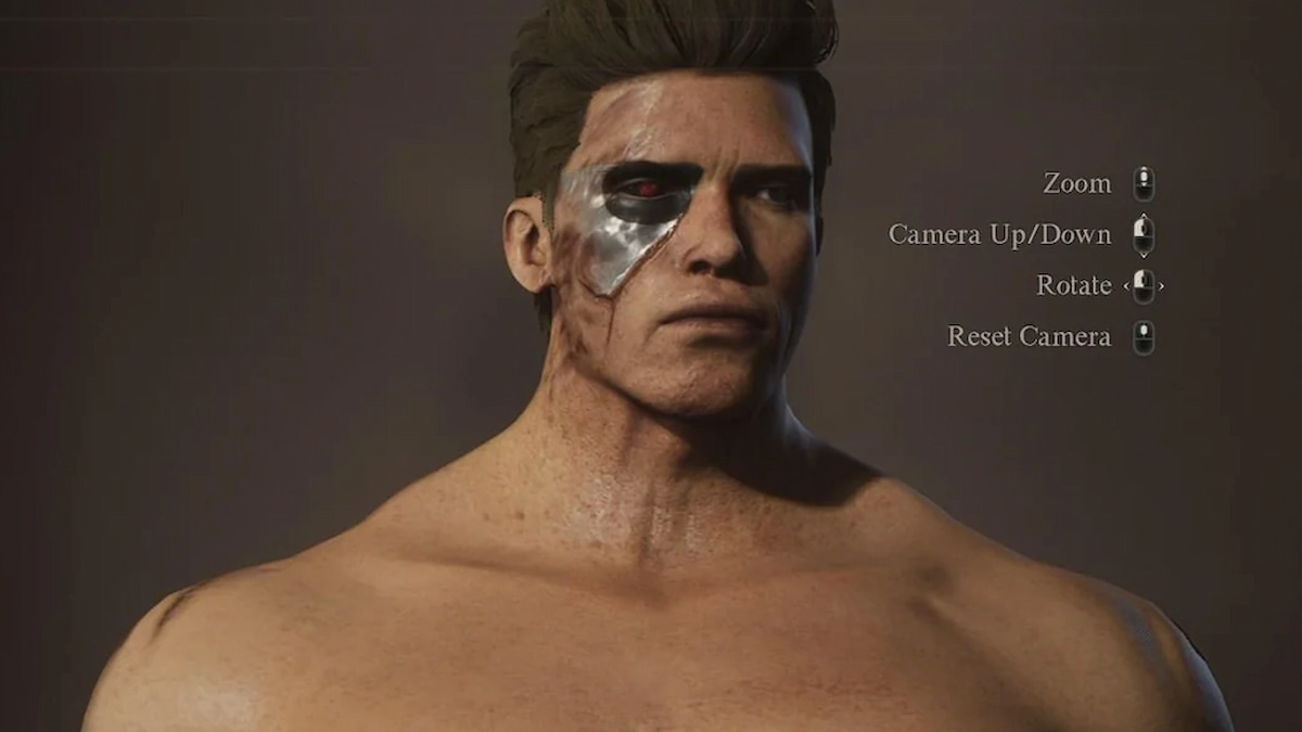 Character that resembles the actor Arnold Schwarz that plays terminator. Extremely buff, short, styled hair and one eye that has silver, metalic patch and a dark red cyborg looking eye