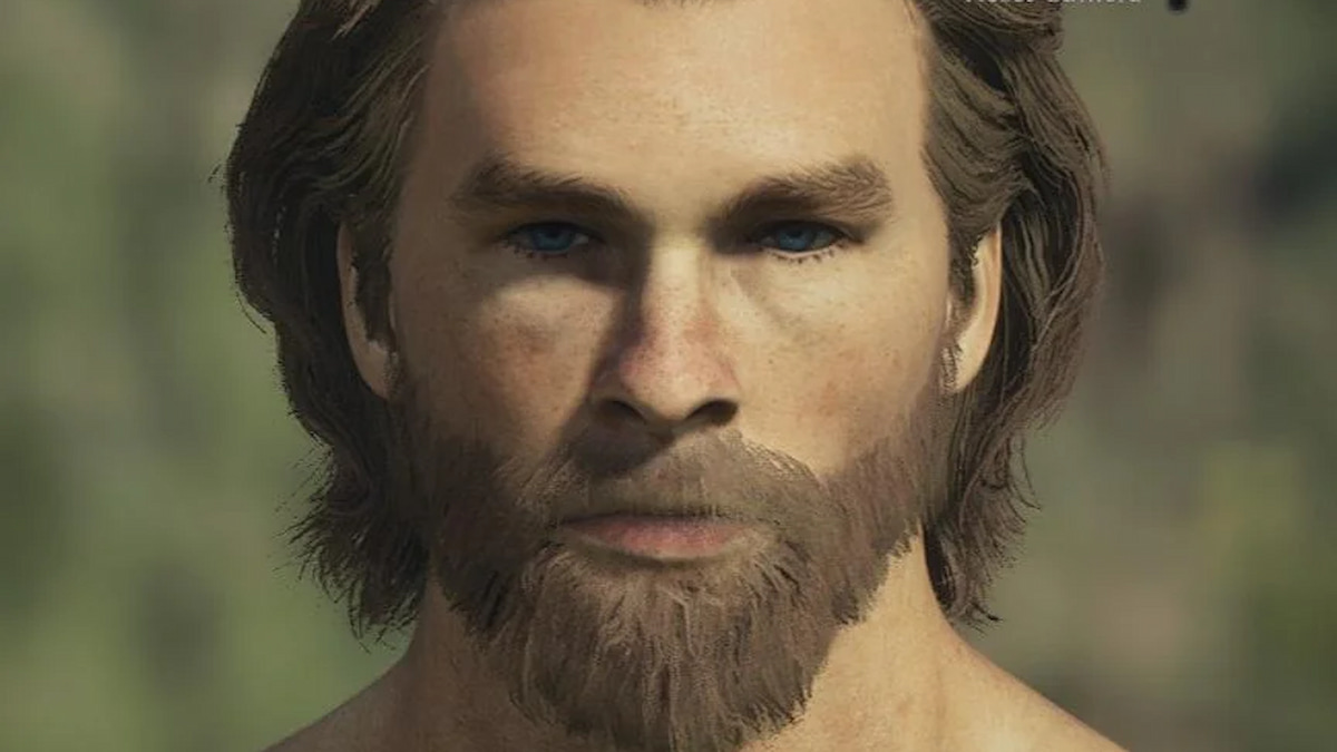 Close up of a character resembling Thor from Marvel, dirty blonde hair past his ears and a beard that matches. Intense blue eyes and buff figure