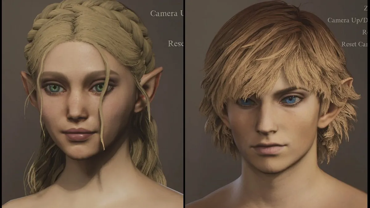 Realistic versions of Zelda and Link. Zelda on the left and Link on the right. Zelda has braided dirty blonde hair with one strand falling in front of her face. Large, dreamy green eyes. Link has dirty blonde hair that falls toward his face and extends behind him over his pointed ears, and more squinted blue eyes