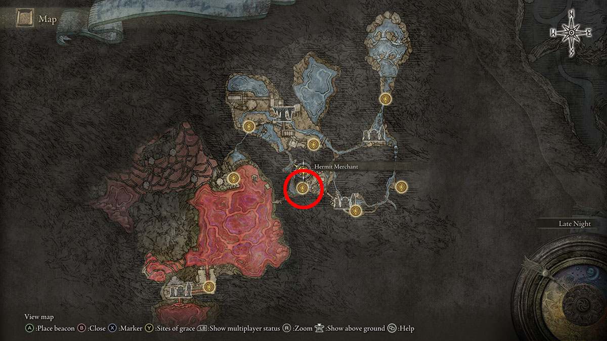 The location of the merchant in Ainsel River in Elden Ring
