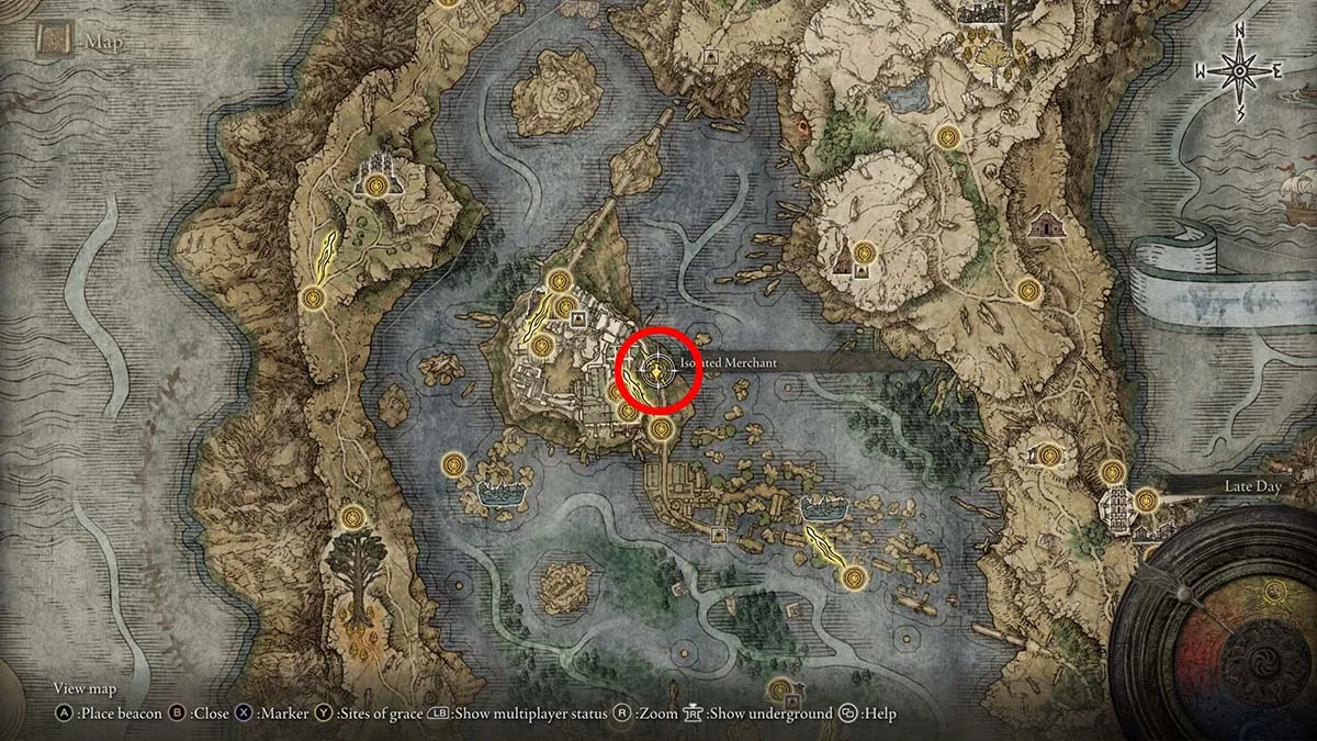 The location of the merchant in Central Liurnia of the Lakes in Elden Ring