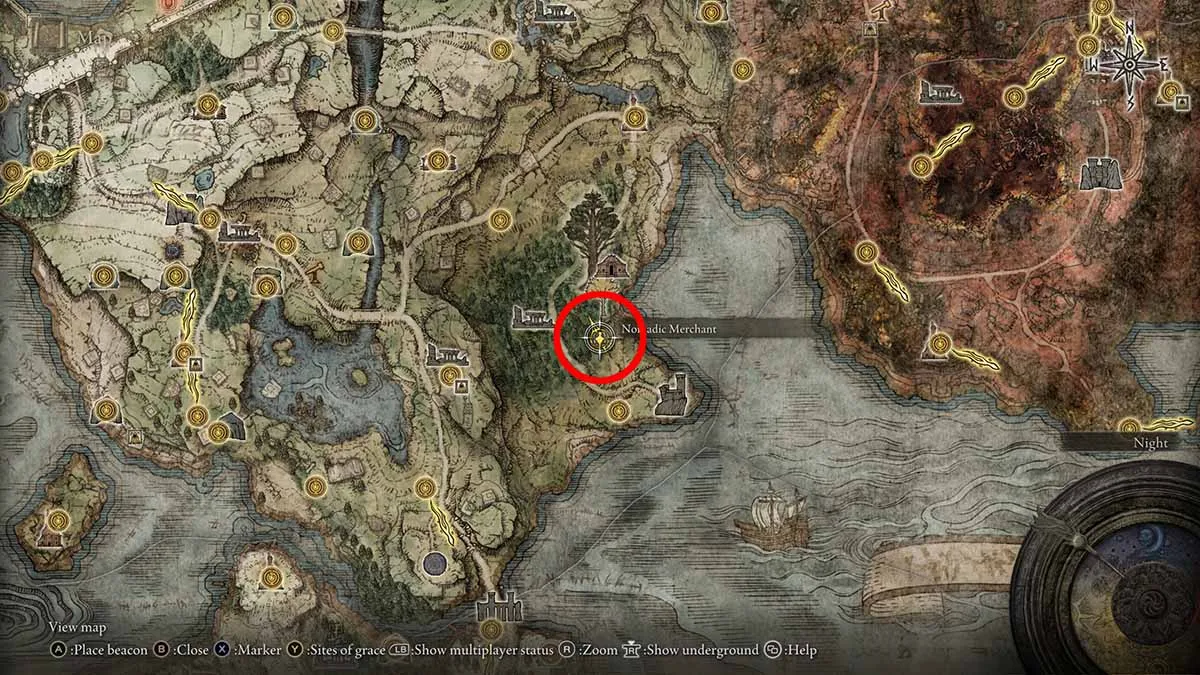 The location of the merchant in eastern Limgrave in Elden Ring