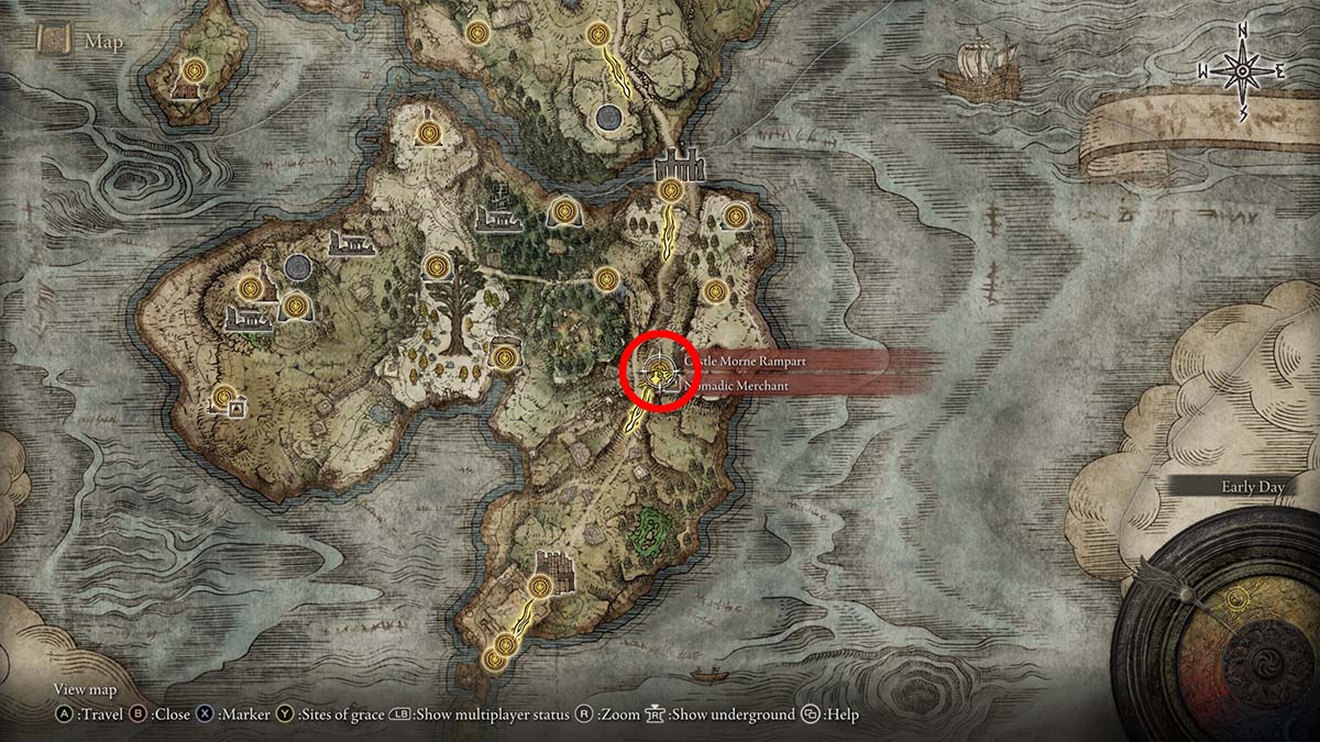 The location of the merchant in eastern Weeping Peninsula in Elden Ring