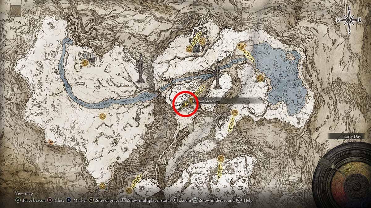 The location of the merchant in the Mountaintops of the Giants in Elden Ring