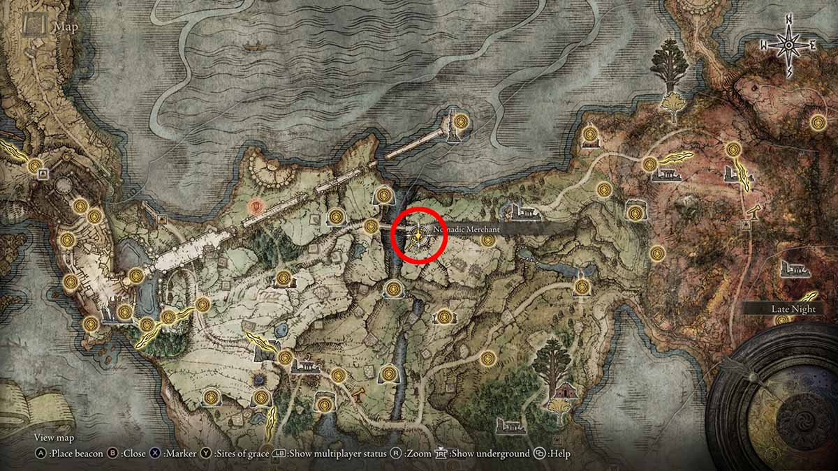 The map location of the northern Limgrave merchant in Elden Ring
