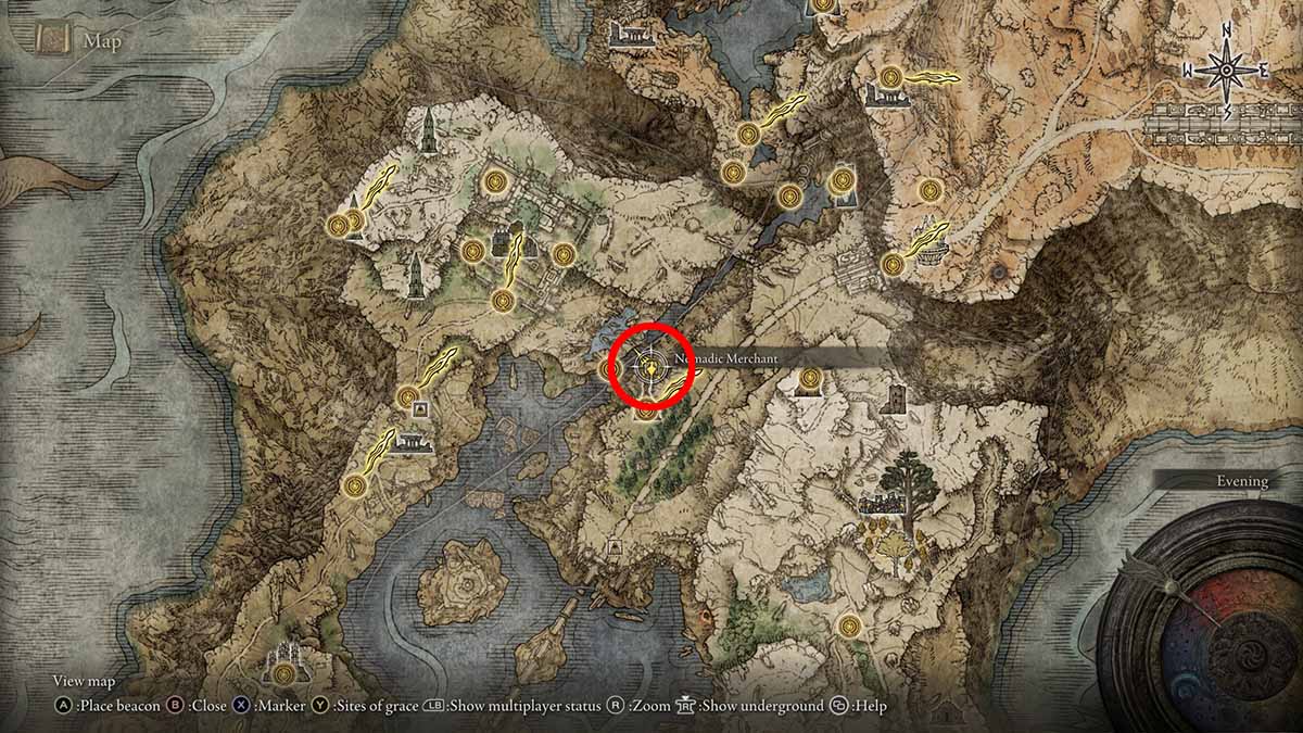 The location of the merchant in northern Liurnia of the Lakes in Elden Ring