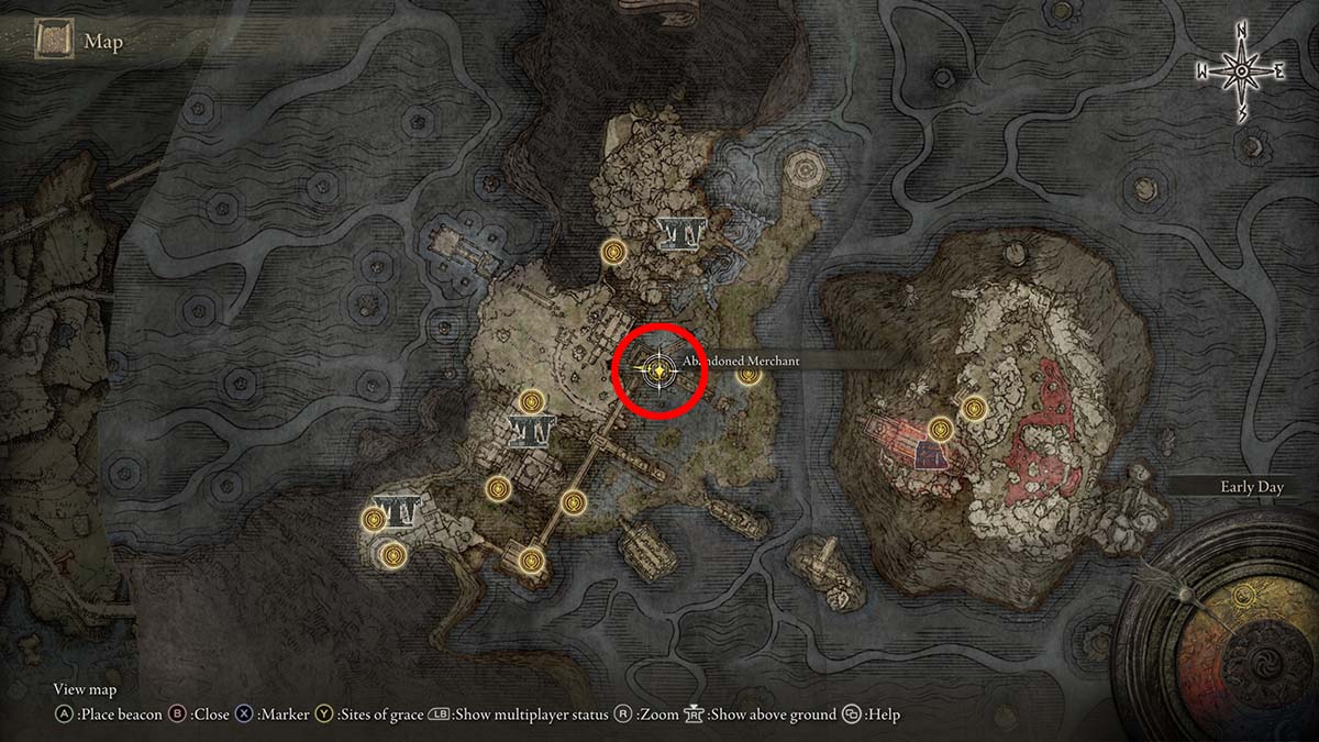 The location of the merchant in western Caelid in Elden Ring