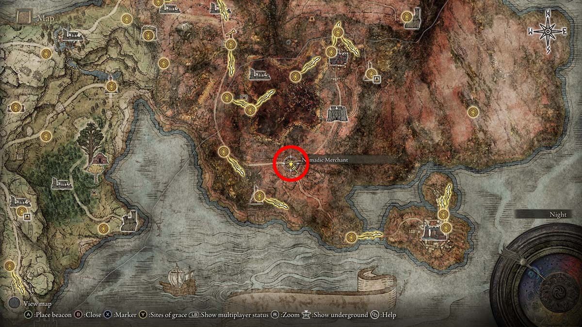 The location of the merchant in southern Caelid in Elden Ring