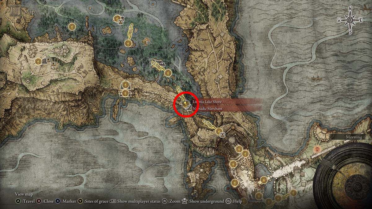 The location of the merchant in Southern Liurnia of the Lakes in Elden Ring