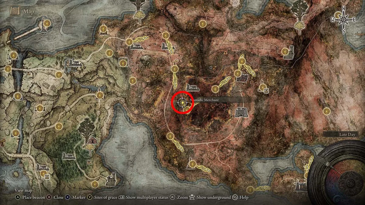 The location of the merchant in western Caelid in Elden Ring