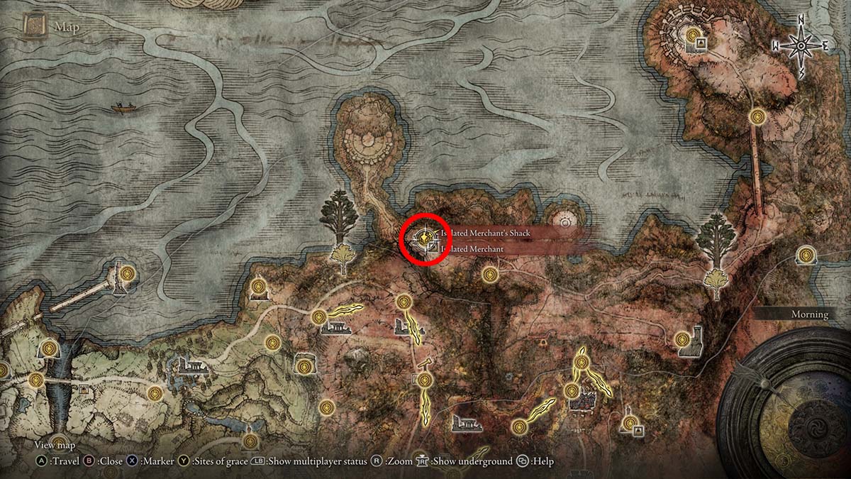 The location of the merchant in western Dragonbarrow in Elden Ring