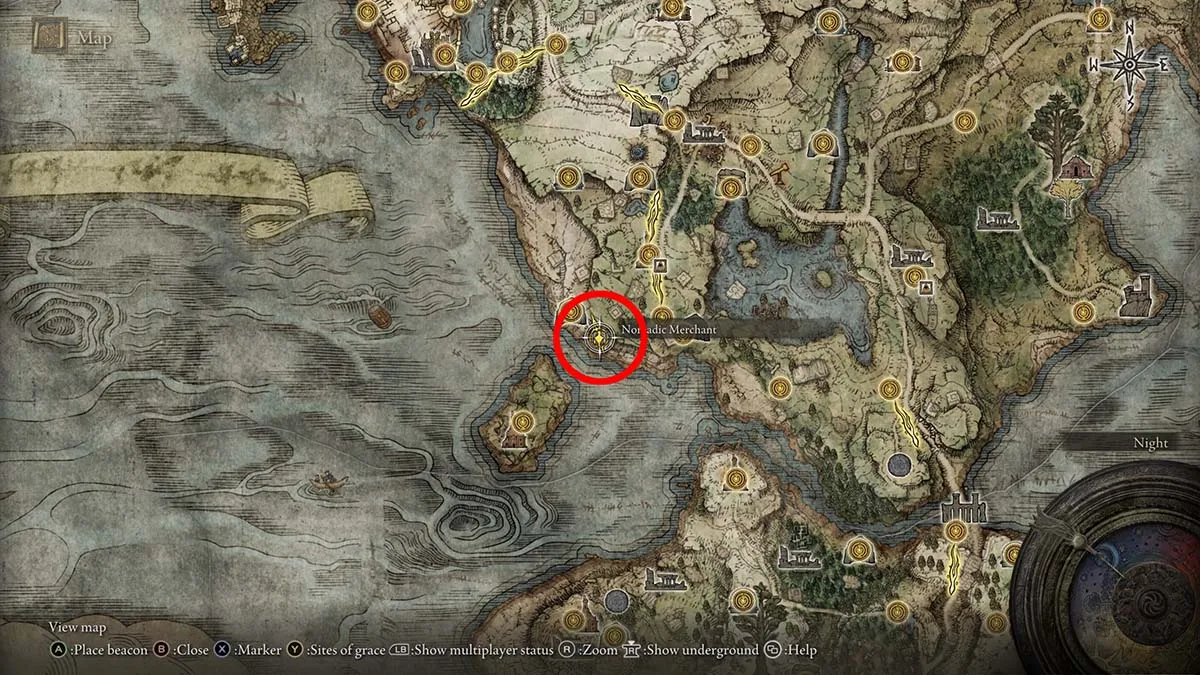 The map location of the western Limgrave merchant in Elden Ring