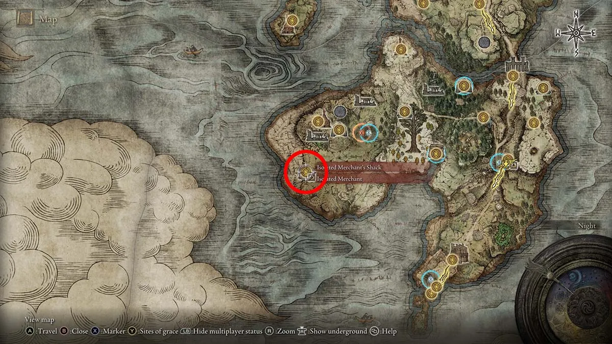 The location of the merchant in western Weeping Peninsula in Elden Ring