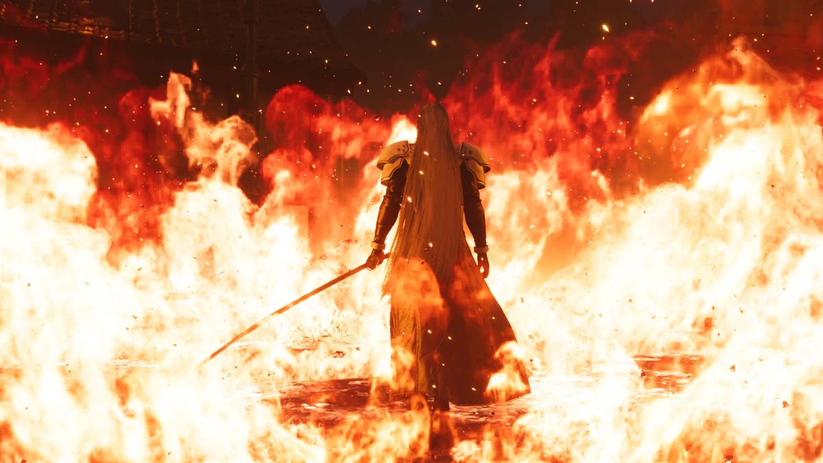FF7 Rebirth character stands with a sword surrounded by flames