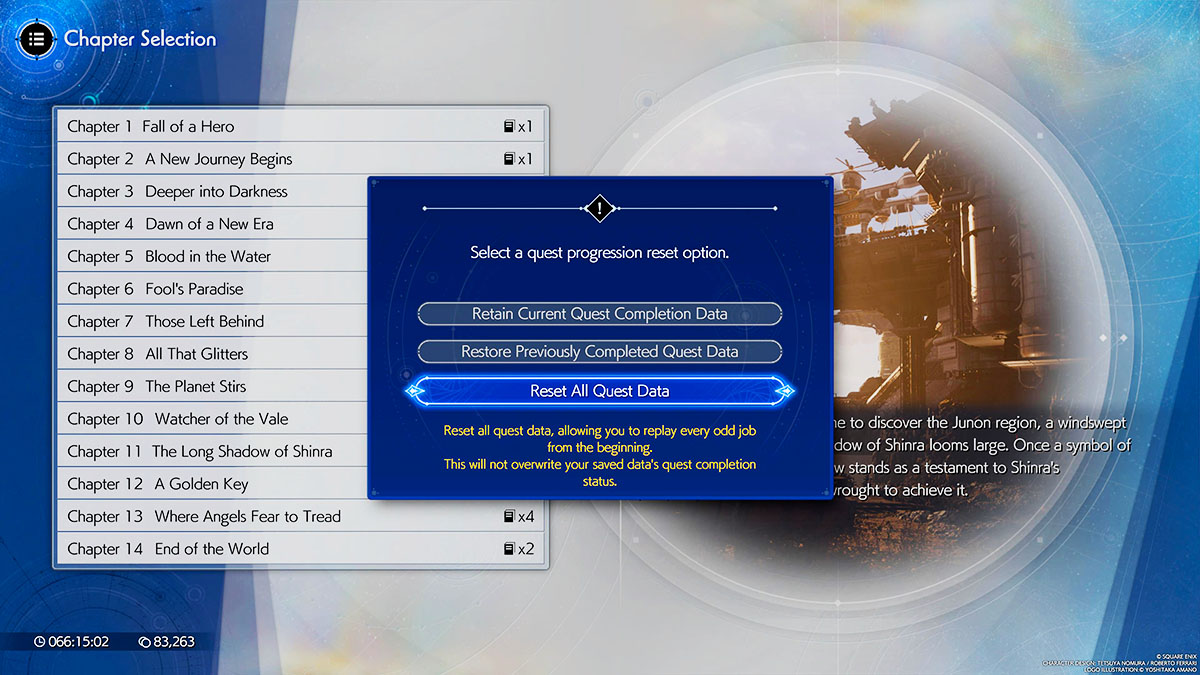 The chapter selection screen with the reset option in Final Fantasy 7 Rebirth