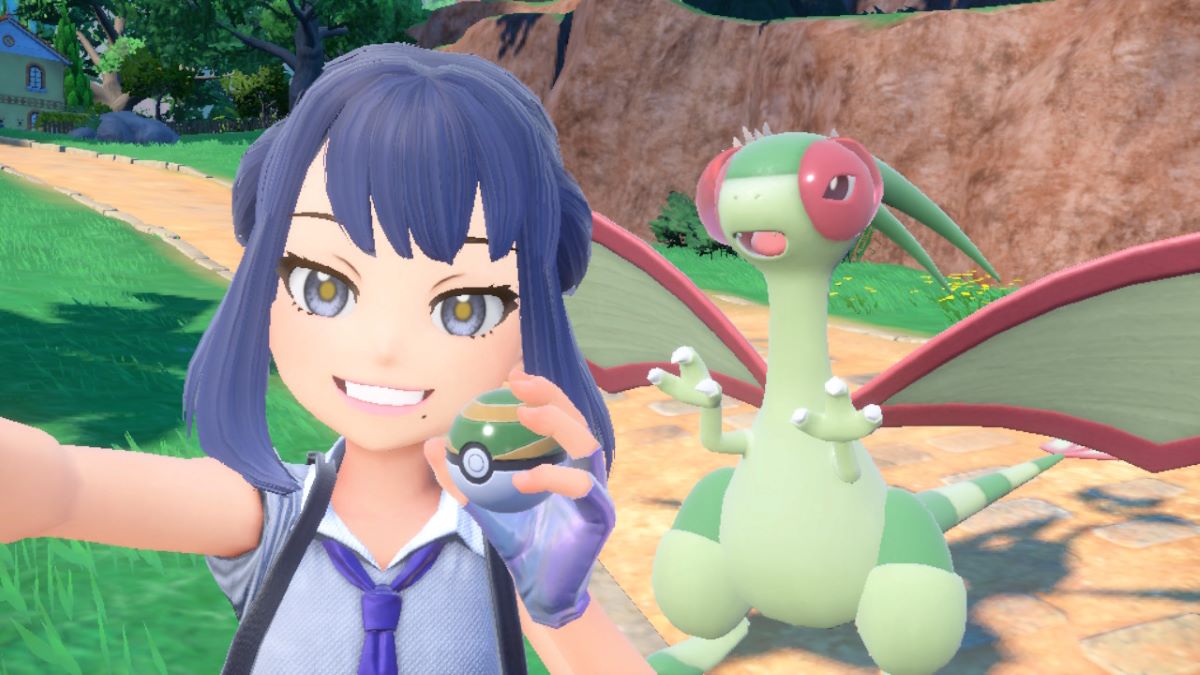 Player and her Flygon pose for a picture in Pokemon Scarlet & Violet