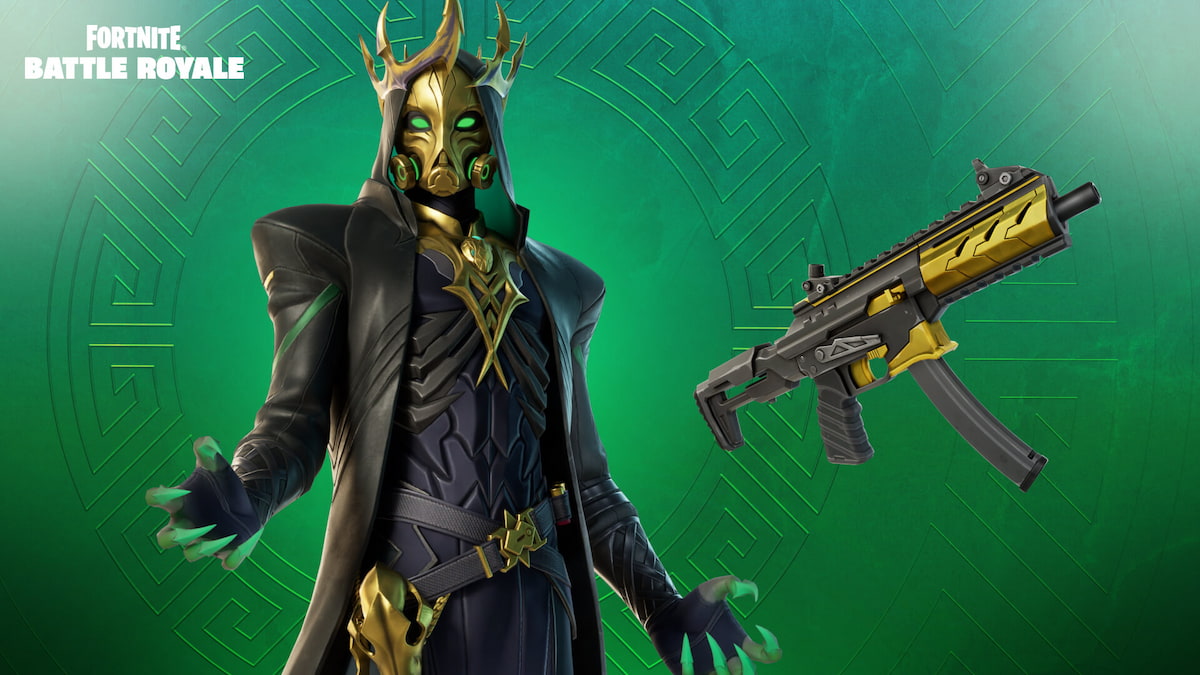 Hades official poster his character design and the Mythic Harbinger SMG beside him