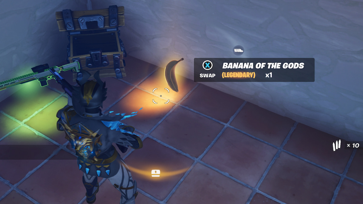 Banana of the Gods dropped from a chest with prompt to pick it up above it
