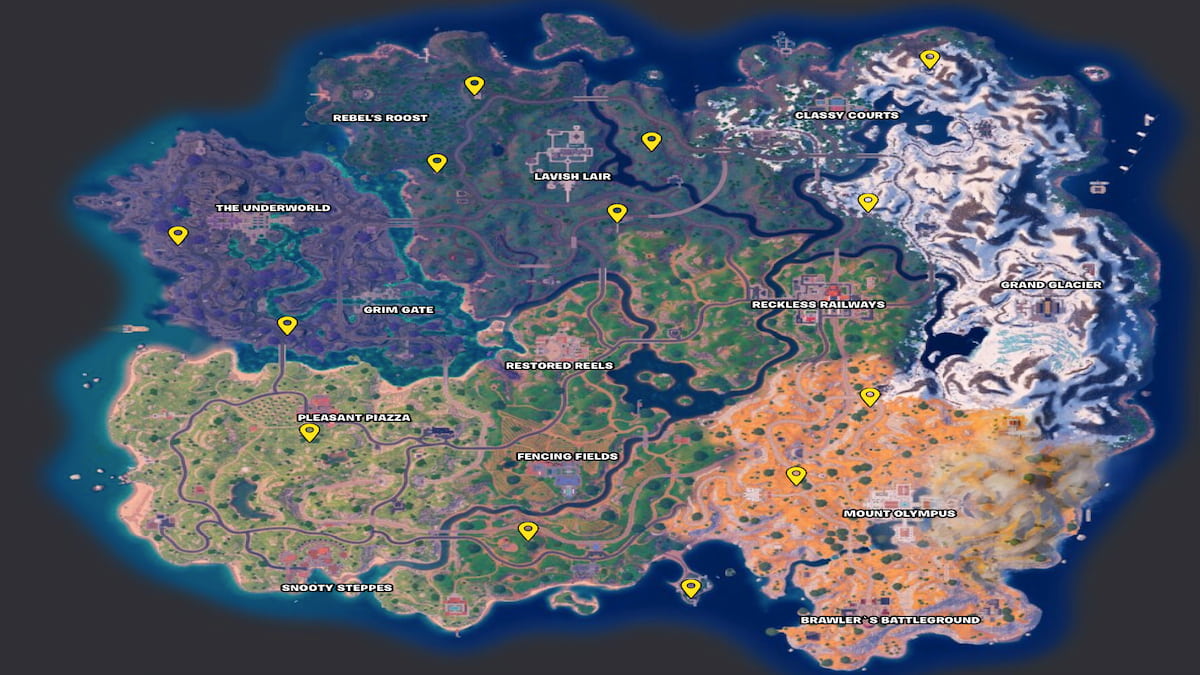 Fortnite Myths & Mortals map with locations of bunkers and vaults marked with a yellow arrow