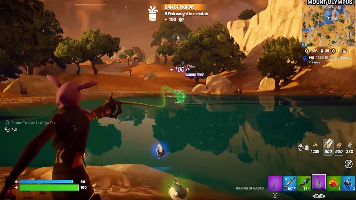 Player using the Chains of Hades to grab fish from fishing spots
