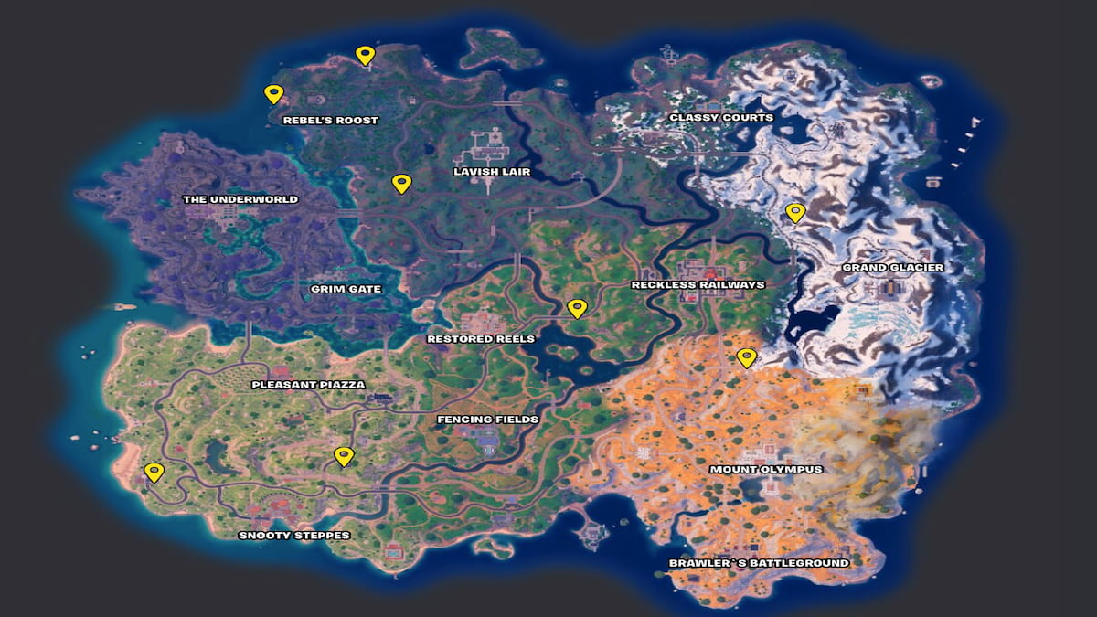 Fortnite Chapter 5 Season 2 map with yellow arrows indicating gas station spots