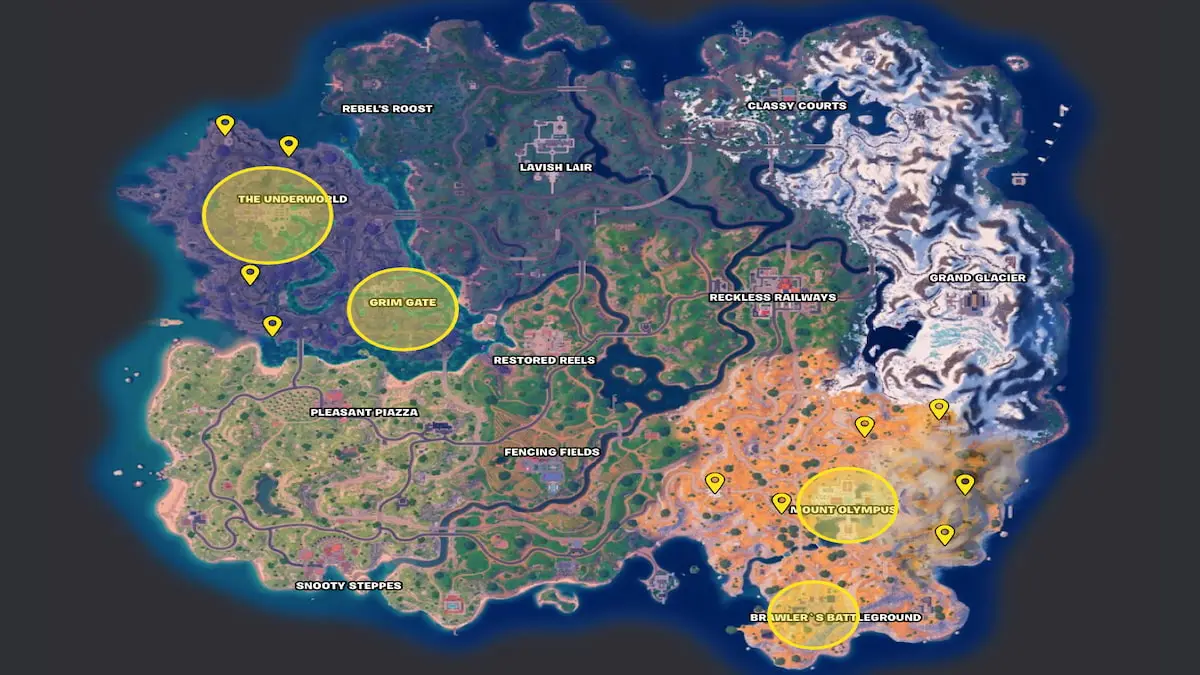 Fortnite Chapter 5 Season 2 map with spots of god chests marked in yellow
