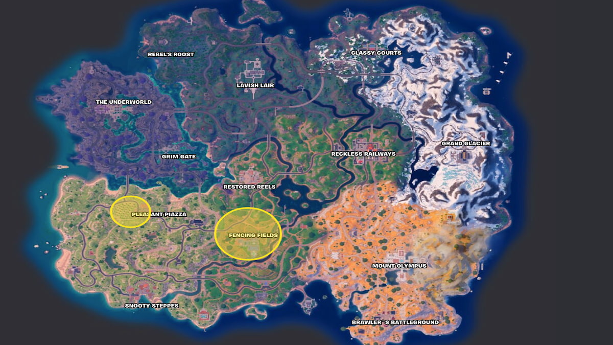Fortnite Chapter 5 Season 2 map with Fencing Fields and Pleasant Piazza circled in yellow 