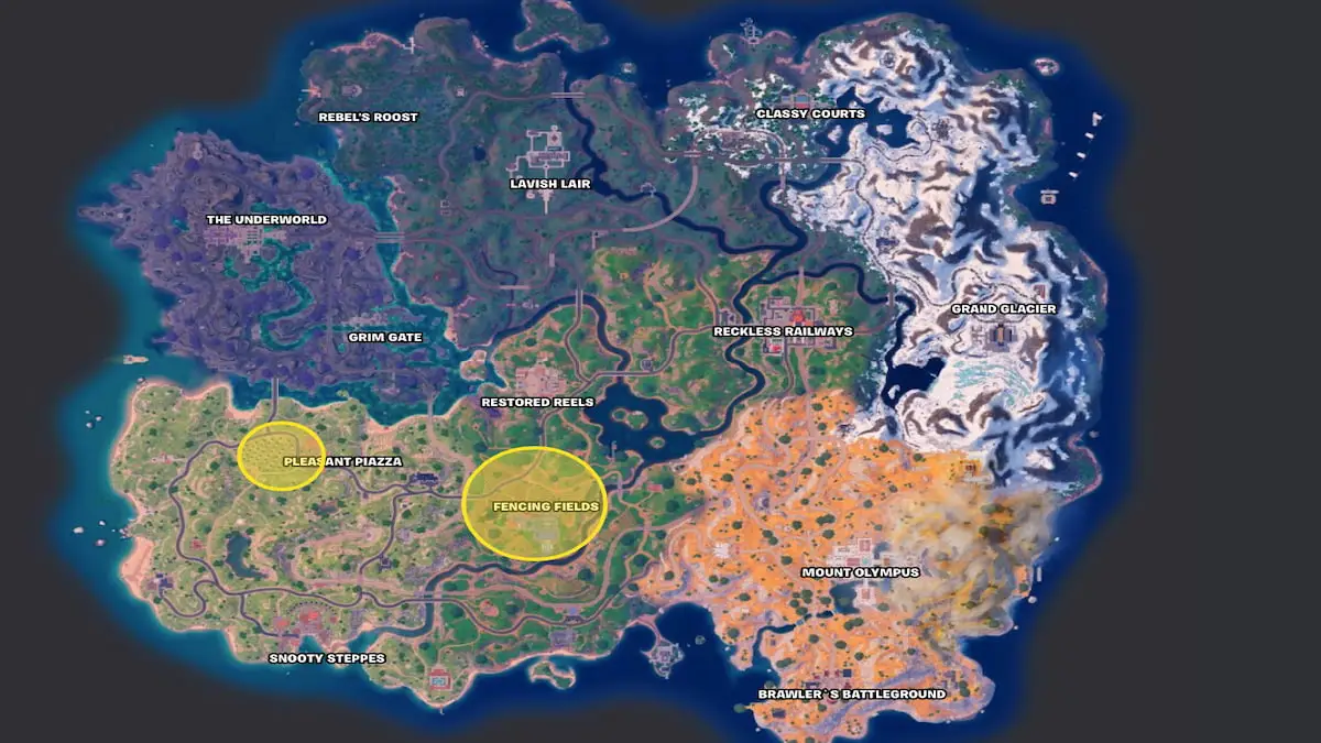 Fortnite Chapter 5 Season 2 map with Fencing Fields and Pleasant Piazza circled in yellow