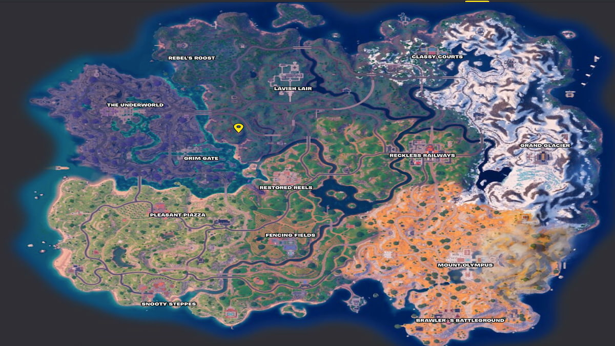 Fortnite Myths & Mortals map with location of Jules shown with yellow arrow, just northeast of Grim Gate