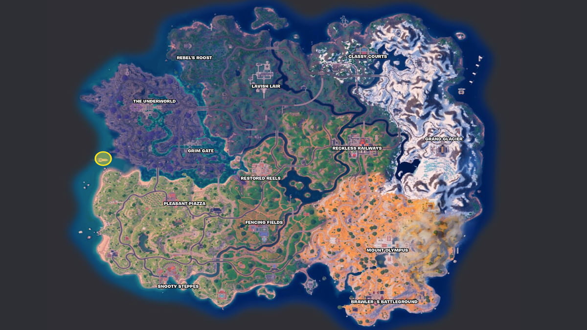 Fortnite map with Marigold location circled in yellow off the eastern coast