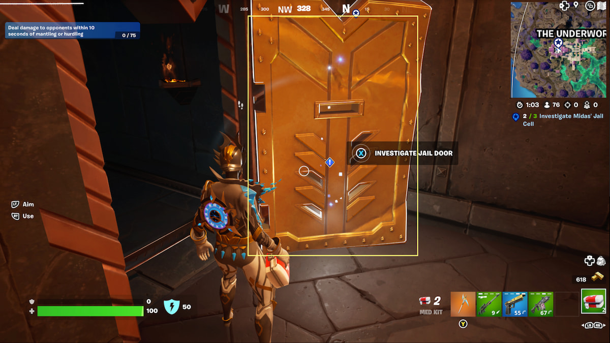 Gold door to Midas jail cell wide open, with prompt to interact with it on the screen