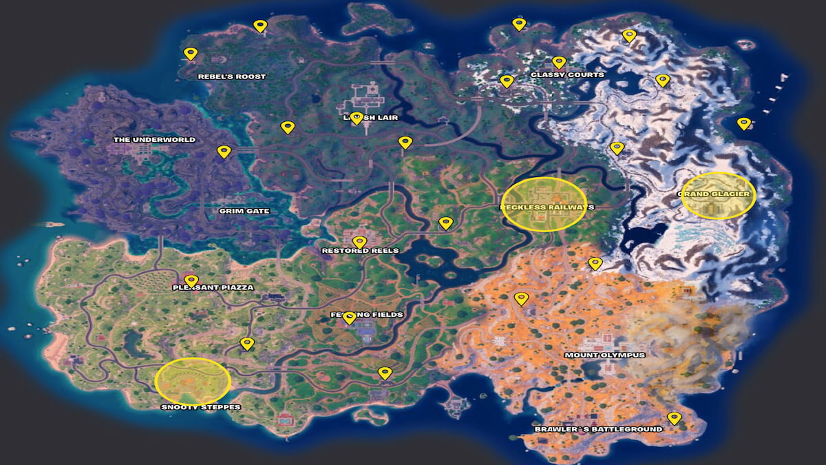 Fortnite chapter 5 season 2 map with vending machine spots marked in yellow