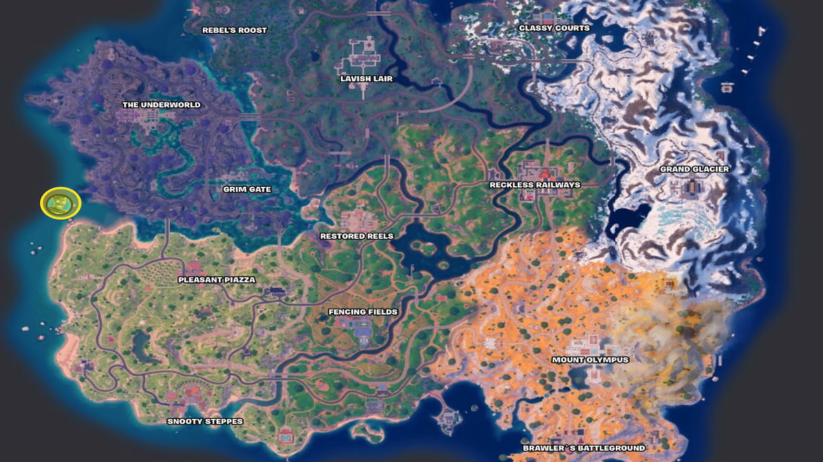 Fortnite Chapter 5 Season 2 map with Marigold Yacht location circled in yellow and icon of Shade Midas above it