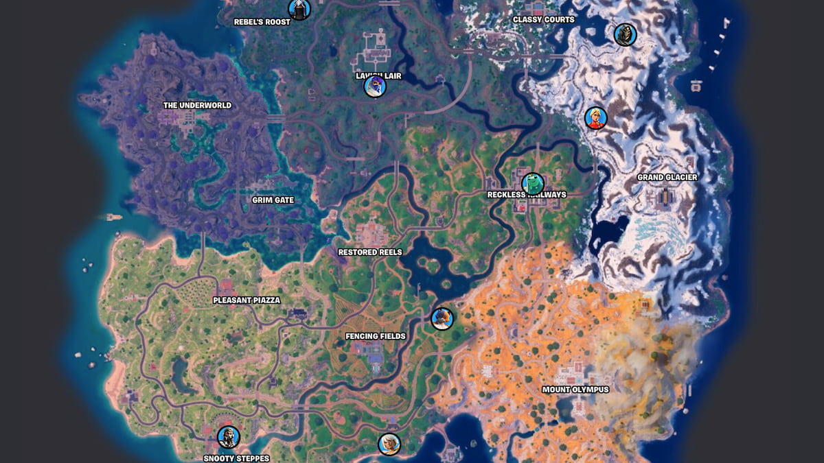 Image of Fortnite map with icons of NPC faces at their locations