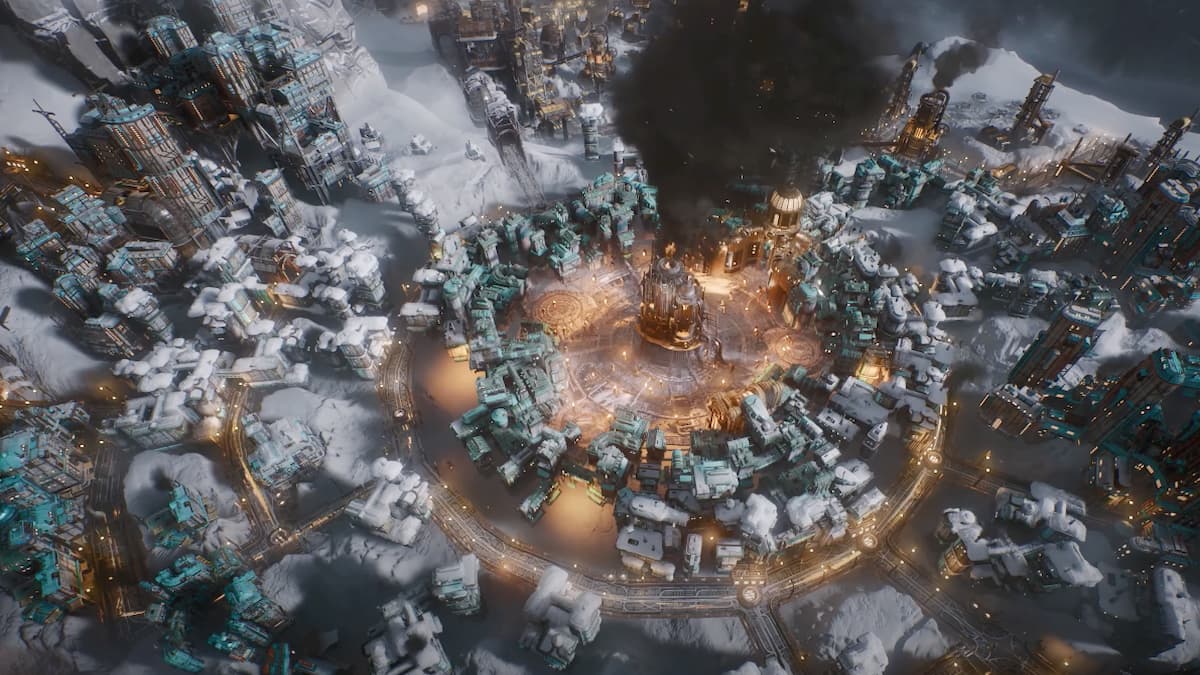 A city illuminated by lights in Frostpunk 2