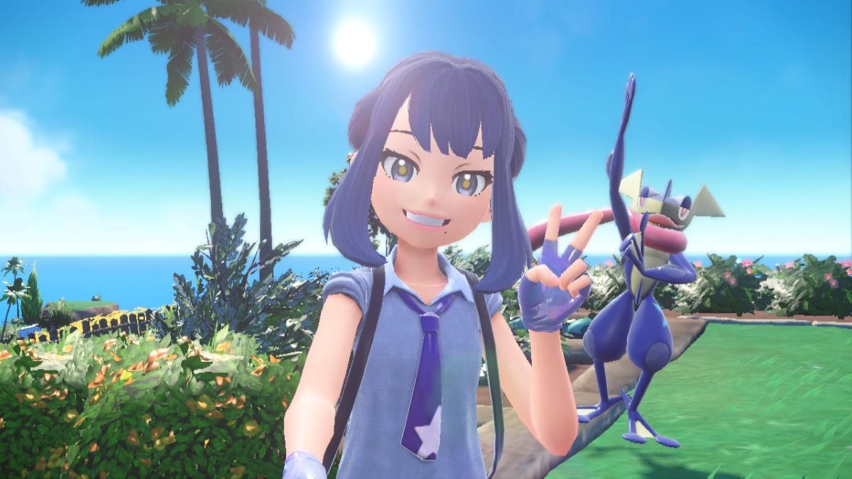 Player and Greninja pose for a photo in Pokemon Scarlet & Violet