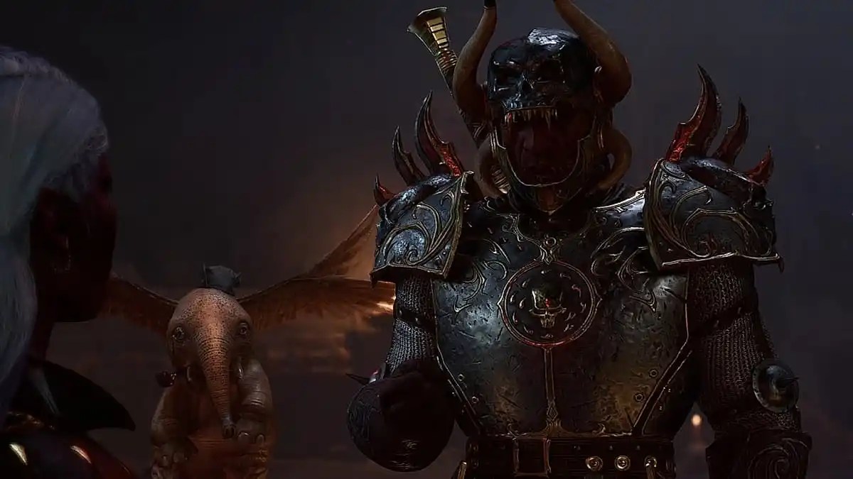 a warrior in monstrous horned heavy armor