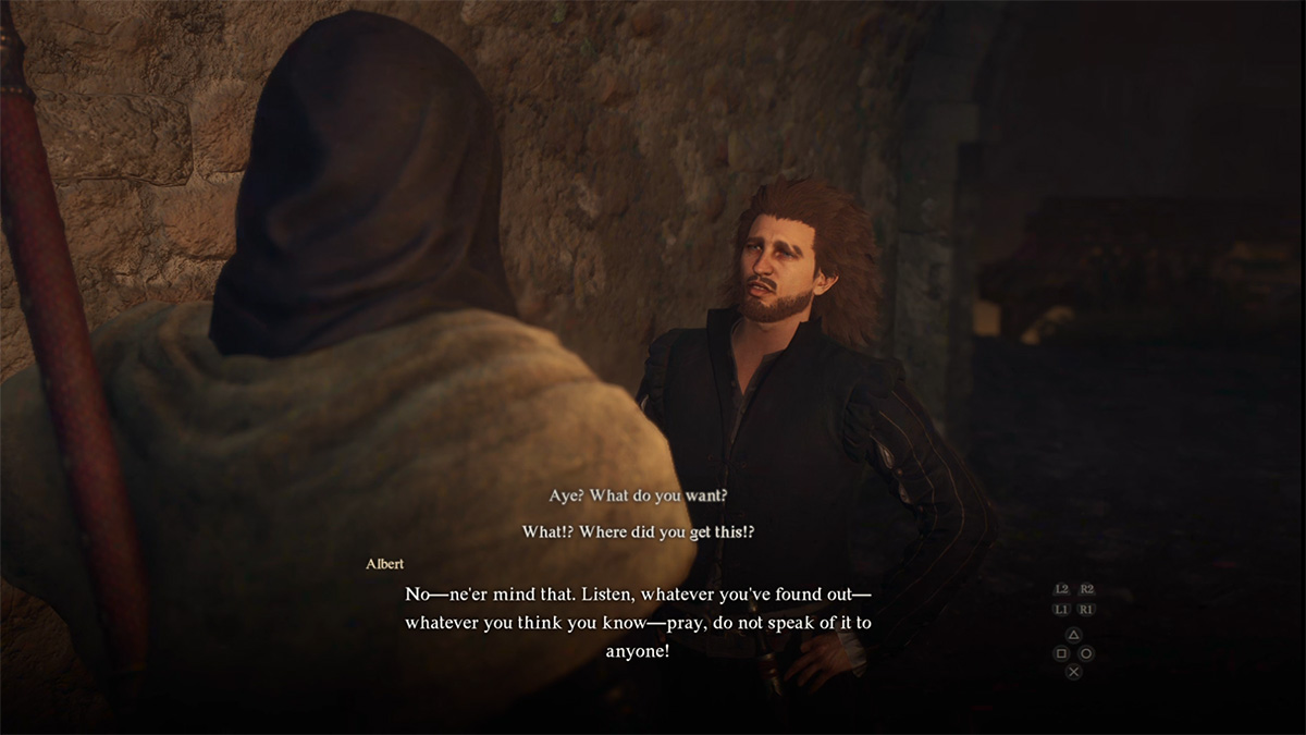 dragons dogma 2 player talking to a main in royal black clothing and frizzled brown hair