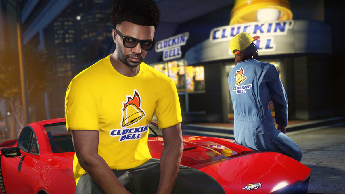 GTA online character sitting on the hood of a car with a Cluckin Bell yellow t-shirt