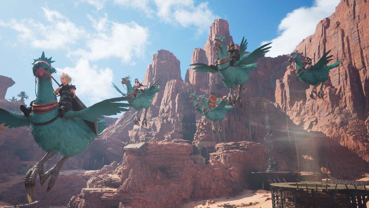A team of FF7 Rebirth characters fly on a bunch of Chocobos