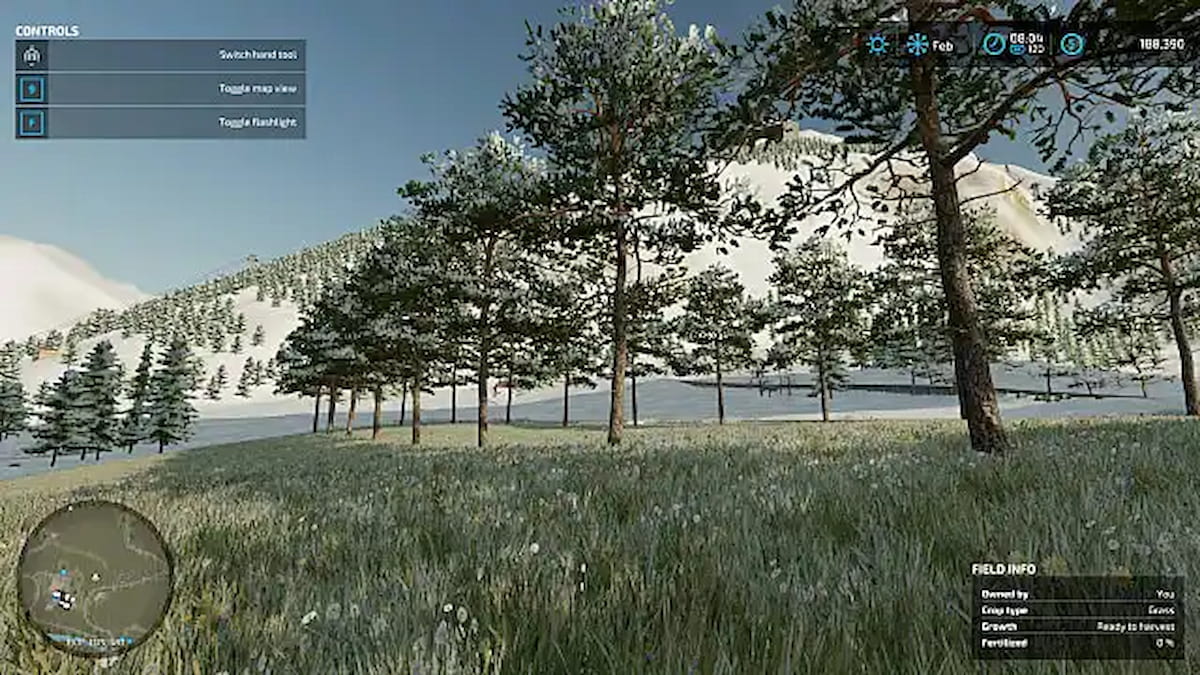 trees in a snowy field in farming simulator 22