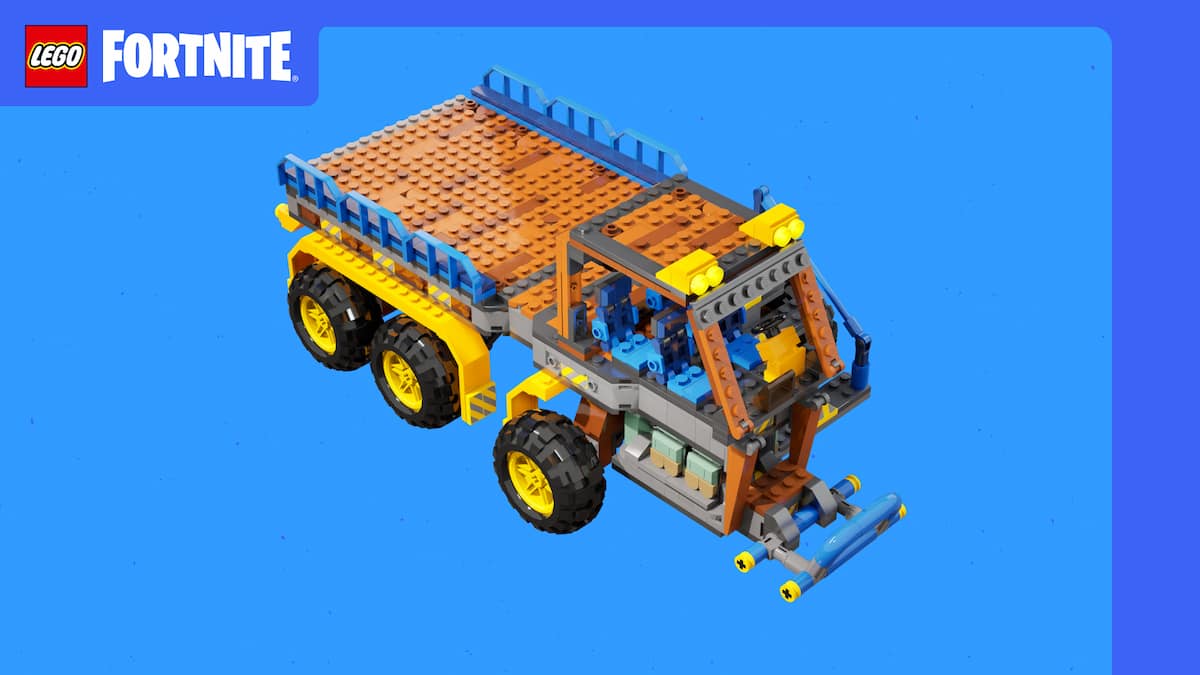 Large truck LEGO vehicle  with six tires, and long trunk bed in the back