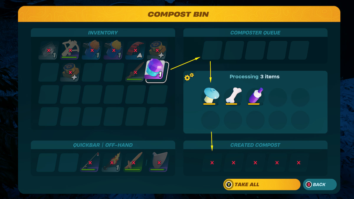 Item being dragged to compost queue, items processing in step below, and then arrow pointing down to created compost slots below that 